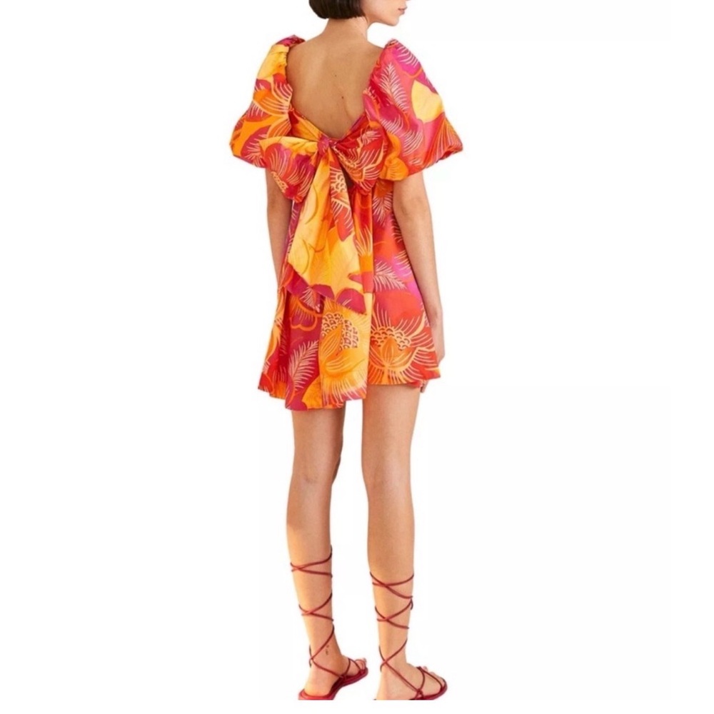 Farm Rio Ombré  Mini Dress Garden Puff Sleeve Orange Yellow Tie Back Bohemian L - Picture 12 of 14